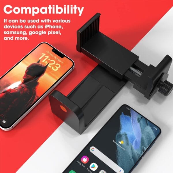 Sounce 360° Degree Cell Phone Holder with Universal 1/4 Screw Adjustable Clamp Phone Tripod Mount Adapter Compatible with Smartphones & All Types of Tripods Monopods Selfie Sticks (Black) - Image 6