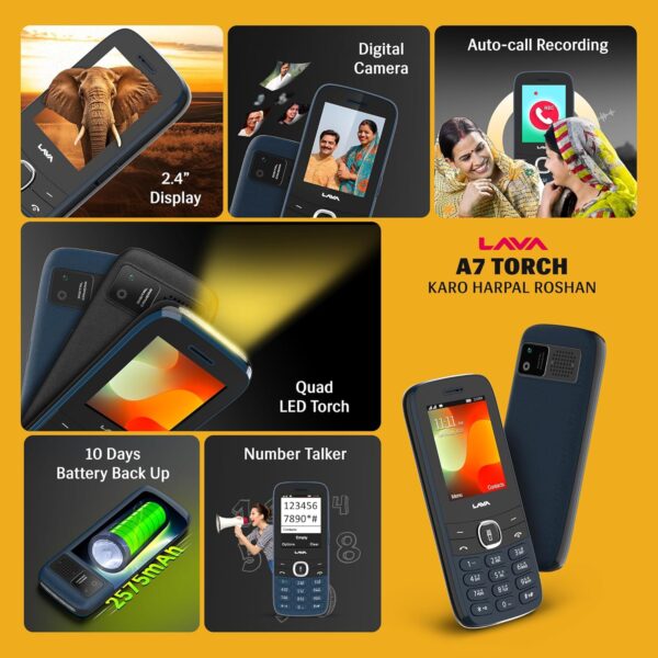 Lava A7 Torch Dual Sim Keypad Mobile Phone (with Instant Slide Torch)| 2.4" Big Display | Powerful Battery Backup | Vibration Alert | Camera | Wireless FM & Bluetooth | Blue - Image 3