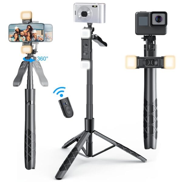 Mobilife 62-inch Selfie Stick Tripod with Gimbal Handle Dual Fill Light 360° Rotation Bluetooth Aluminum Selfie Stick Stand for iPhone Android Mobile Phone Camera Vlogging,Black