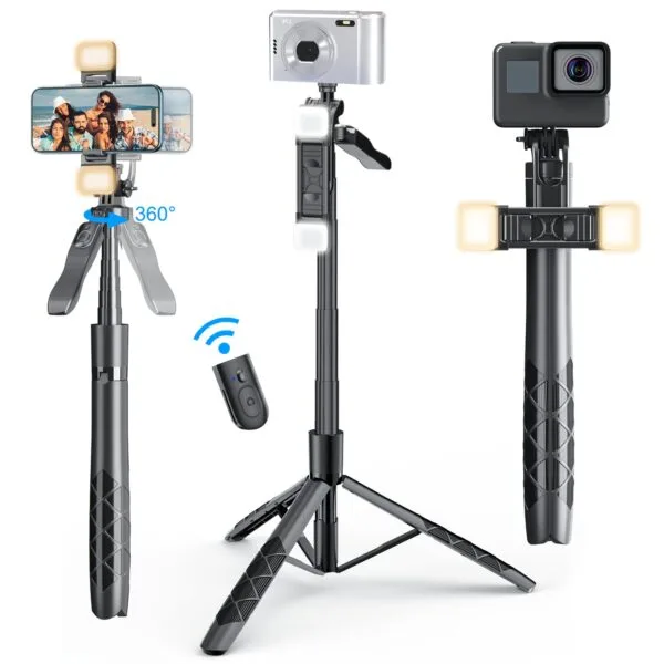 Mobilife 62-inch Selfie Stick Tripod with Gimbal Handle Dual Fill Light 360° Rotation Bluetooth Aluminum Selfie Stick Stand for iPhone Android Mobile Phone Camera Vlogging,Black