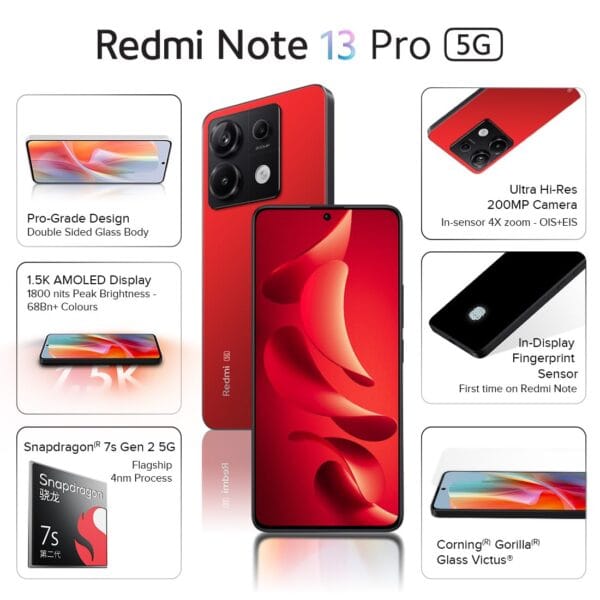 Redmi Note 13 Pro (Scarlet Red, 8GB RAM, 128GB Storage) | 1.5K AMOLED | 200MP Hi-Res Camera | Flagship 4nm SD 7s Gen 2 | 67W TurboCharge - Image 2