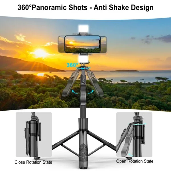 Mobilife 62-inch Selfie Stick Tripod with Gimbal Handle Dual Fill Light 360° Rotation Bluetooth Aluminum Selfie Stick Stand for iPhone Android Mobile Phone Camera Vlogging,Black - Image 4