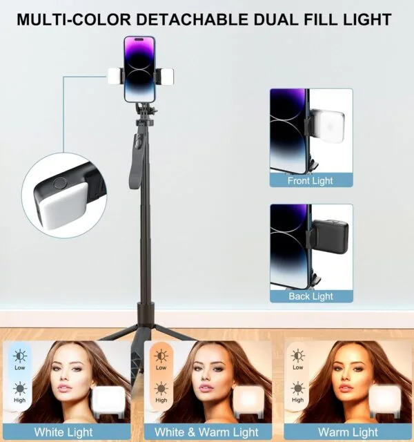 Mobilife 62-inch Selfie Stick Tripod with Gimbal Handle Dual Fill Light 360° Rotation Bluetooth Aluminum Selfie Stick Stand for iPhone Android Mobile Phone Camera Vlogging,Black - Image 2