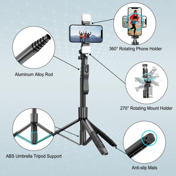 Mobilife 62-inch Selfie Stick Tripod with Gimbal Handle Dual Fill Light 360° Rotation Bluetooth Aluminum Selfie Stick Stand for iPhone Android Mobile Phone Camera Vlogging,Black - Image 8