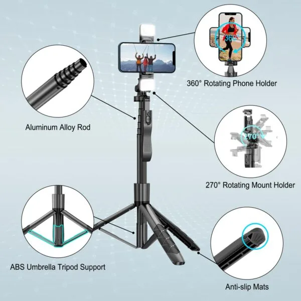 Mobilife 62-inch Selfie Stick Tripod with Gimbal Handle Dual Fill Light 360° Rotation Bluetooth Aluminum Selfie Stick Stand for iPhone Android Mobile Phone Camera Vlogging,Black - Image 8