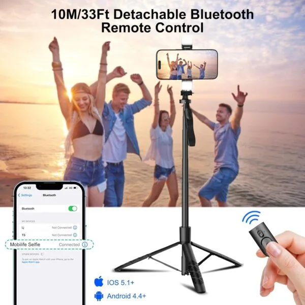 Mobilife 62-inch Selfie Stick Tripod with Gimbal Handle Dual Fill Light 360° Rotation Bluetooth Aluminum Selfie Stick Stand for iPhone Android Mobile Phone Camera Vlogging,Black - Image 9