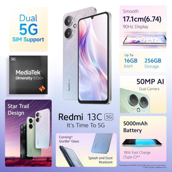 Redmi 13C 5G (Startrail Silver, 4GB RAM, 128GB Storage) | MediaTek Dimensity 6100+ 5G | 90Hz Display - Image 2