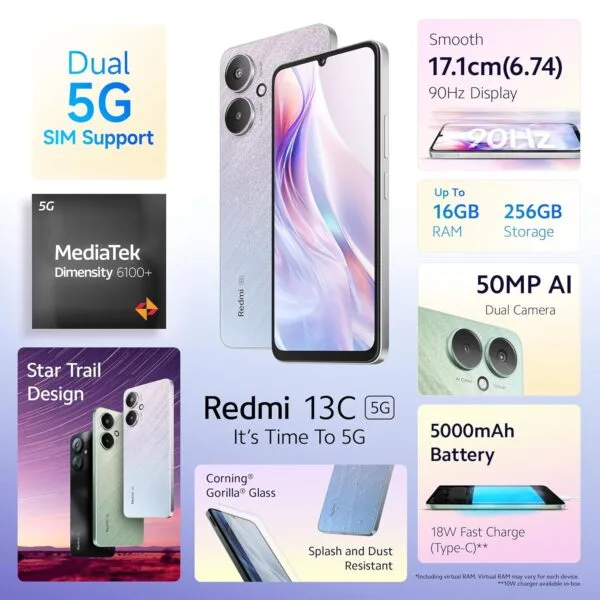 Redmi 13C 5G (Startrail Silver, 4GB RAM, 128GB Storage) | MediaTek Dimensity 6100+ 5G | 90Hz Display - Image 2